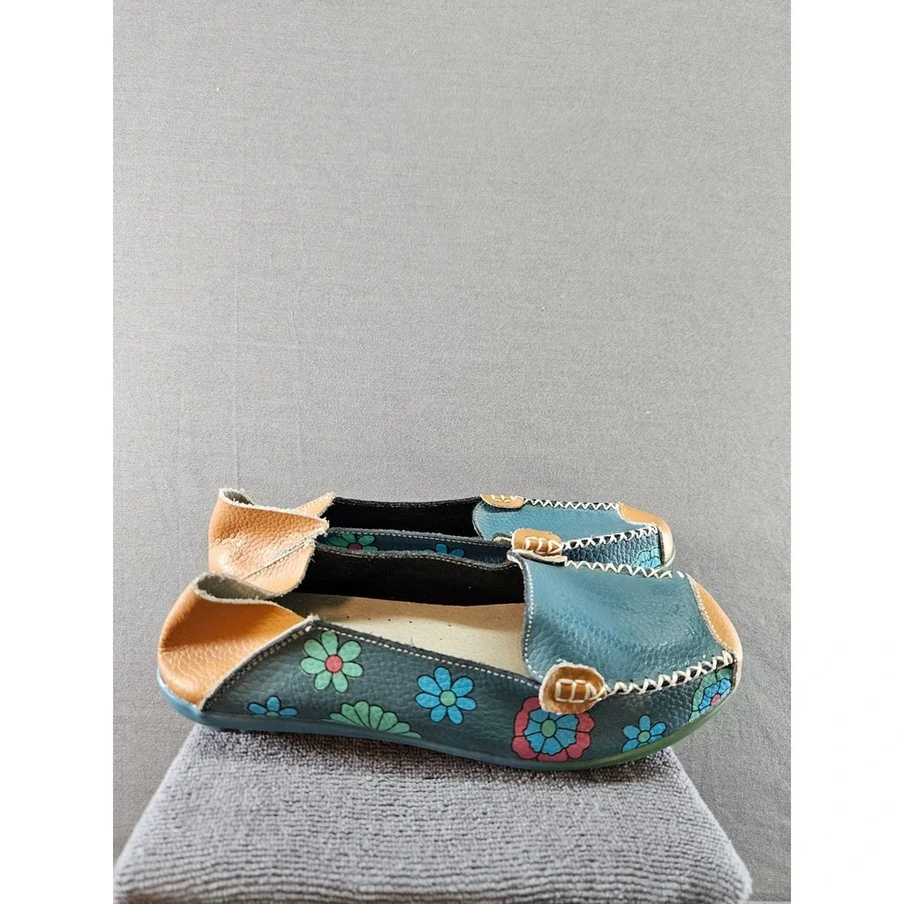 Hand Painted Floral Leather Loafers Teal Boho Flats Size 40 (sku 132)